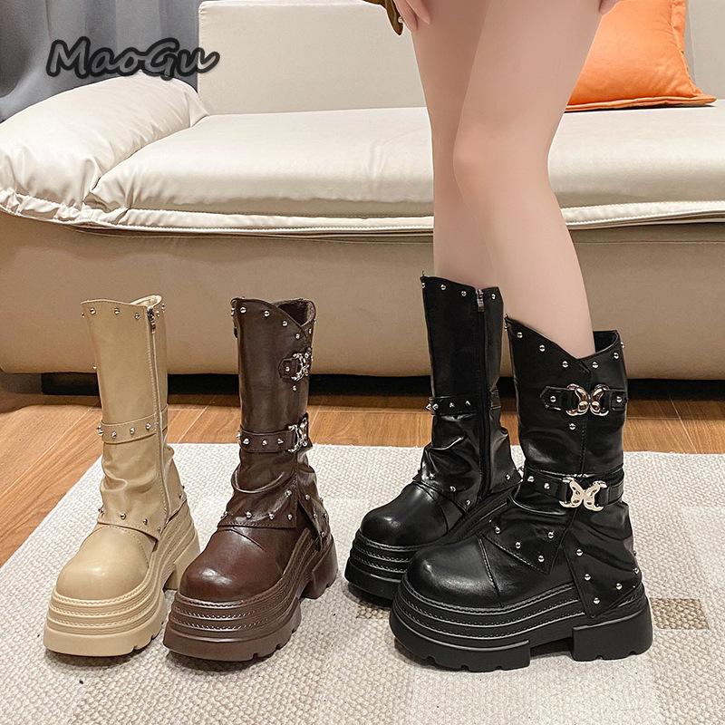 Plateau-Schuhe Runde Zehenpartie Dicke Sohle Umgeschlagener Schaft Schlabberig Gürtelschnalle Stiefel Klobiger Hoher Absatz Mid-Calf Stiefel Damenschuhe