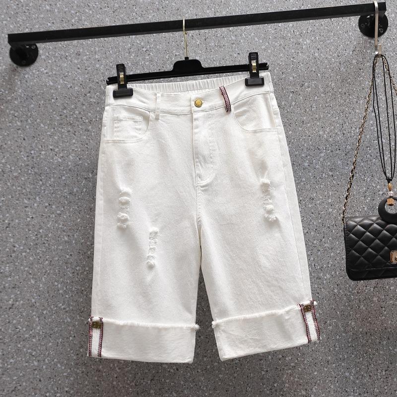 DIMANAF Plus Size Jeans Shorts Pants Women Oversize Loose Casual Belt Cotton Elastic Casual White Pants Fashion Hole