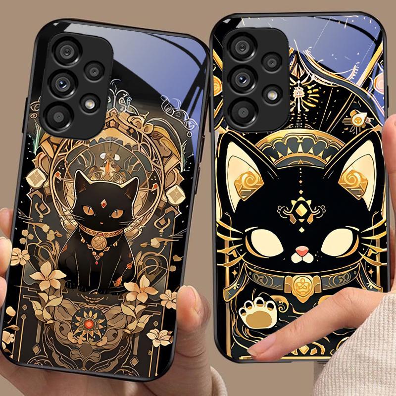 Schwarze Goldkatze für Samsung Galaxy S10 S20 Plus S21 FE S22 S23 S24 FE S25 Ultra Schwarz Gehärtetes Glas Handyhülle Hartschale