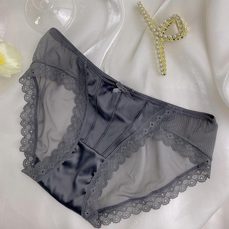 French Retro Satin Lace Mesh Low Waist Sexy Women Brief Underwear