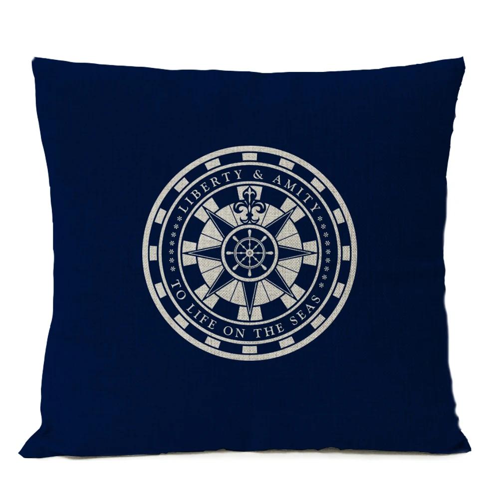 Home Decorative Navigation Blue Compass Anchor Pillow Cover Nautical Shell Fish Linen Pillow Case Mediterranean Cushion Cover