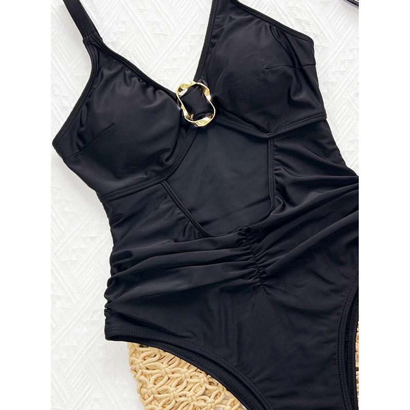 Sexy Schwarze Metallschnalle Einteiliger Badeanzug Damen Ausgeschnitten Urlaub Bauchkontrolle Bademode Strand Badeanzug
