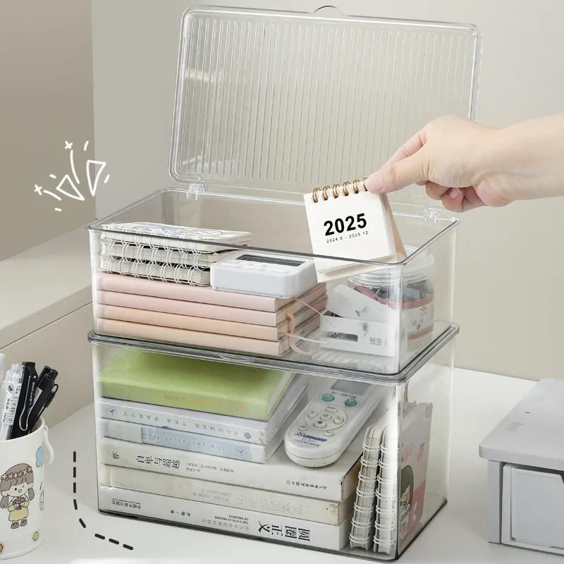 Multi Tier Clear Storage Box With Lid Stackable Desktop Organizer For Office Documents Books And Small Household Items