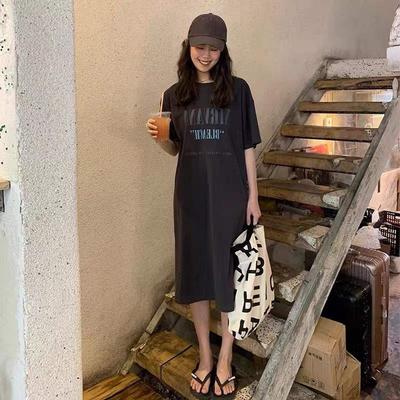 Kleid Damen Sommer Locker Lässig Wind Schlitz Midilänge Über Knie Lässig Kurzarm T-Shirt Kleid