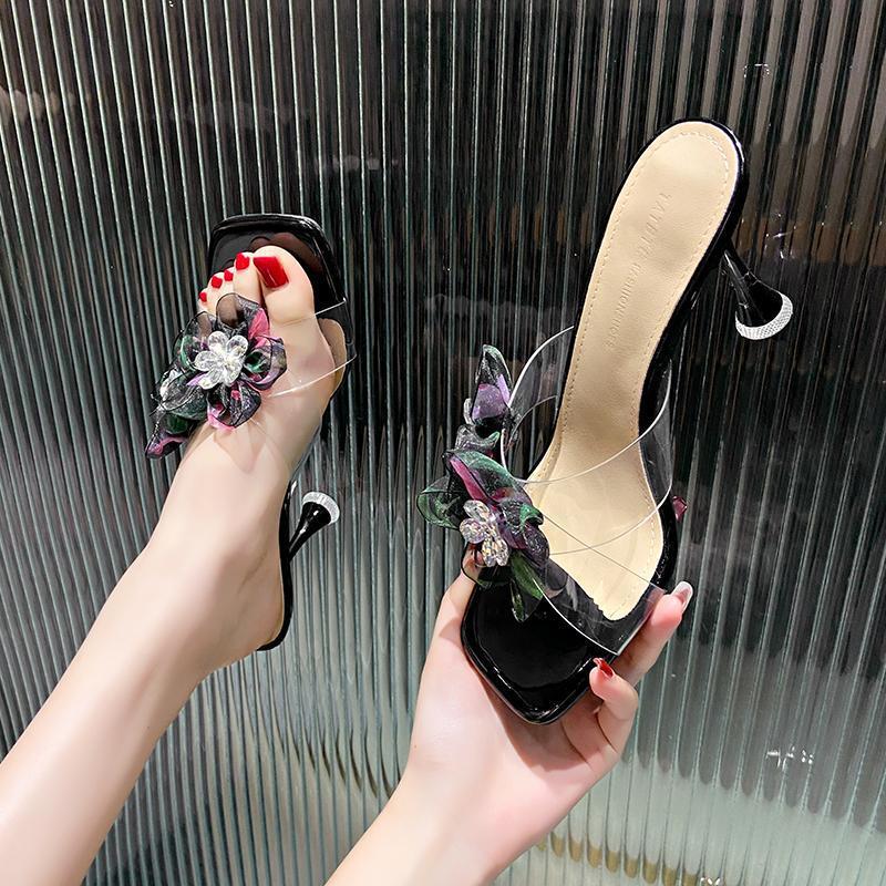 One-word High-heeled Sandals 2025 New Summer Versatile Stiletto Transparent Square Head Open-toed Slippers Women's Shoes