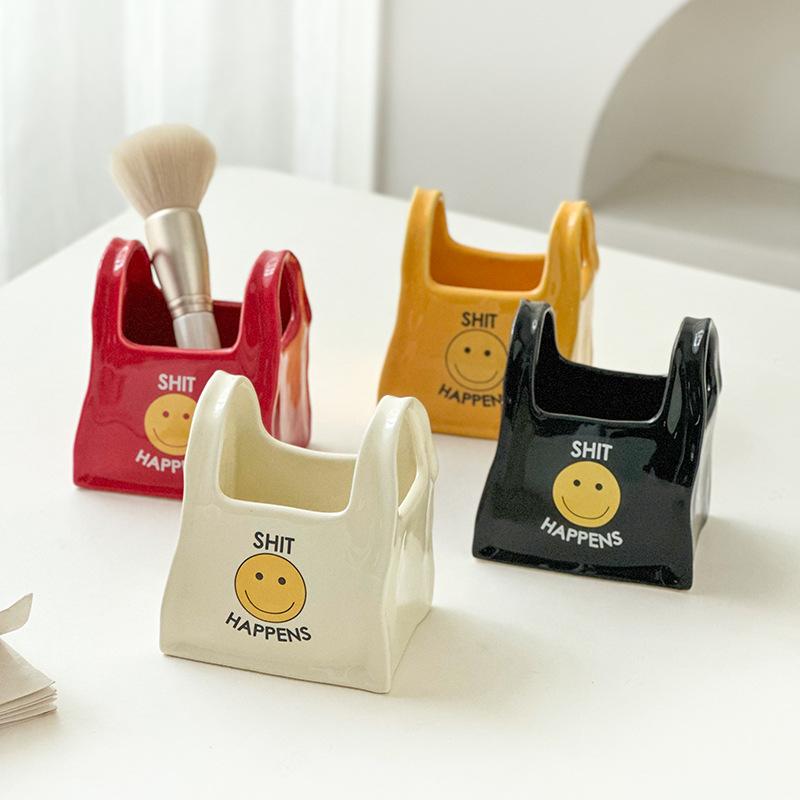 Pote Cerâmico Smiley - Armazenamento de Mesa Minimalista para Canetas Chaves Bijuterias, Decoração de Casa com Vibrações Positivas