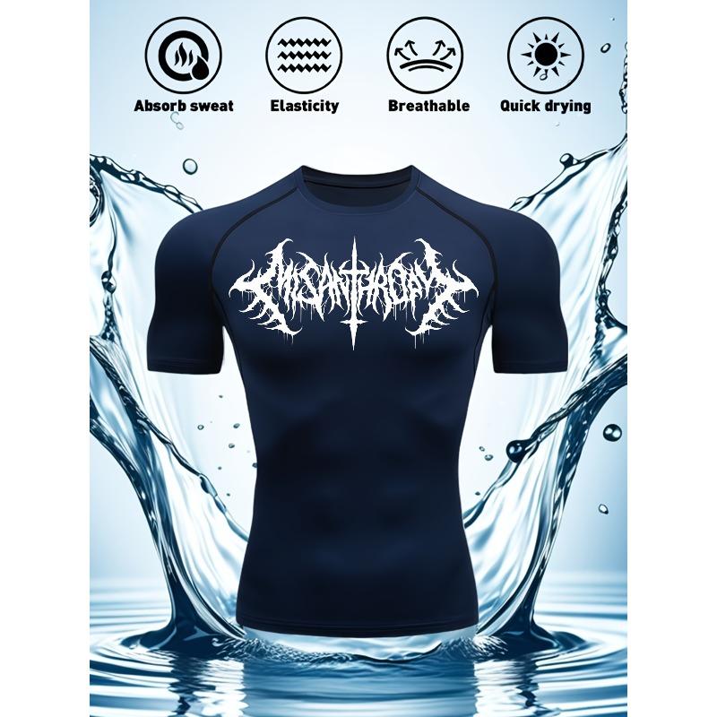 Mens Black Compression Short Sleeve T-Shirt White Death Metal Tribal Graphic Absorb Sweat Quick Dry High Elasticity Gym And MMA Athletic Top