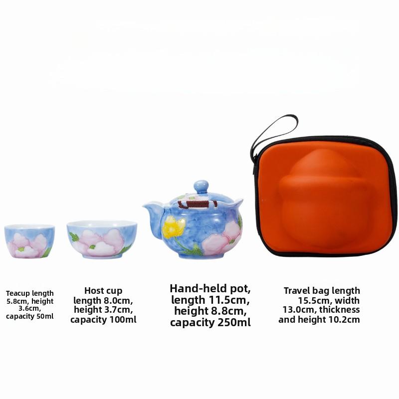 Hand-painted peony travel tea set, one pot and two cups, outdoor portable express cup, ceramic bubble teapot, teacup.