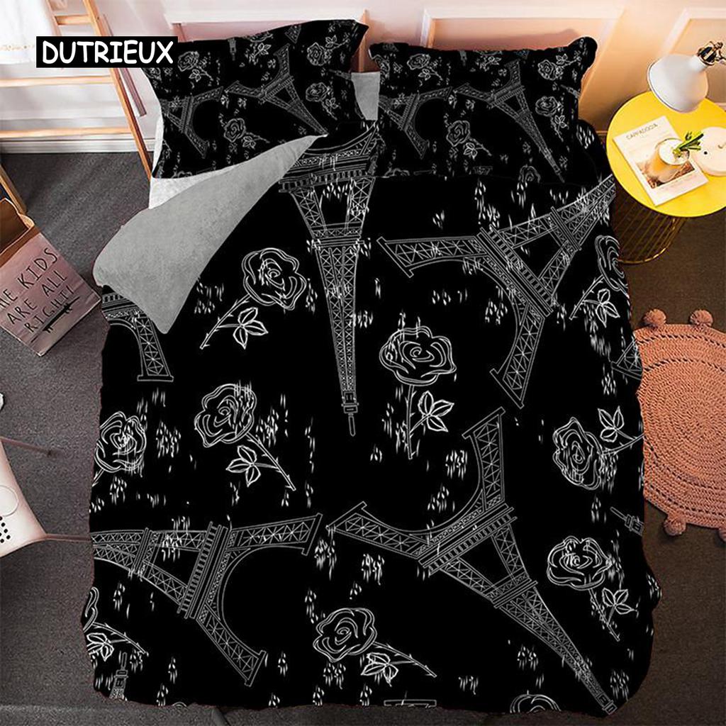 Eiffel Tower Duvet Cover Set Microfiber Paris Theme World Famous Architecture I Love Paris Pattern Bedding Set for Girls Woman
