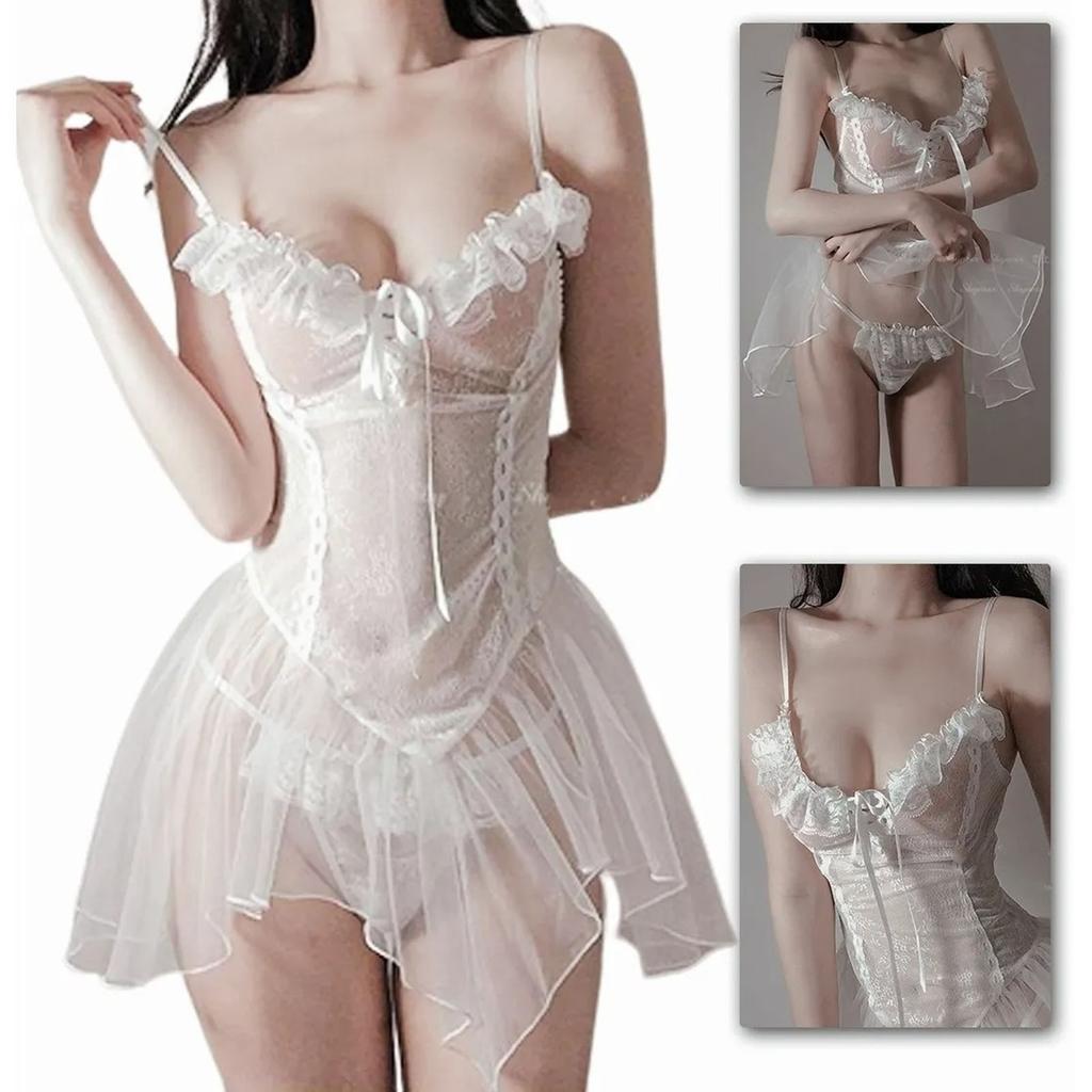Lace Lingerie Chemise See Through Tulle Nylon Charming Exotic Lace Nightgown for Honeymoon White Free Size