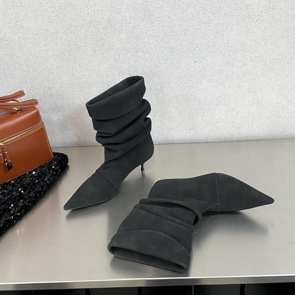 Pointed suede pleated western cowboy boots women's 2025 autumn new low-heeled kitten and short boots fashion stacking boots