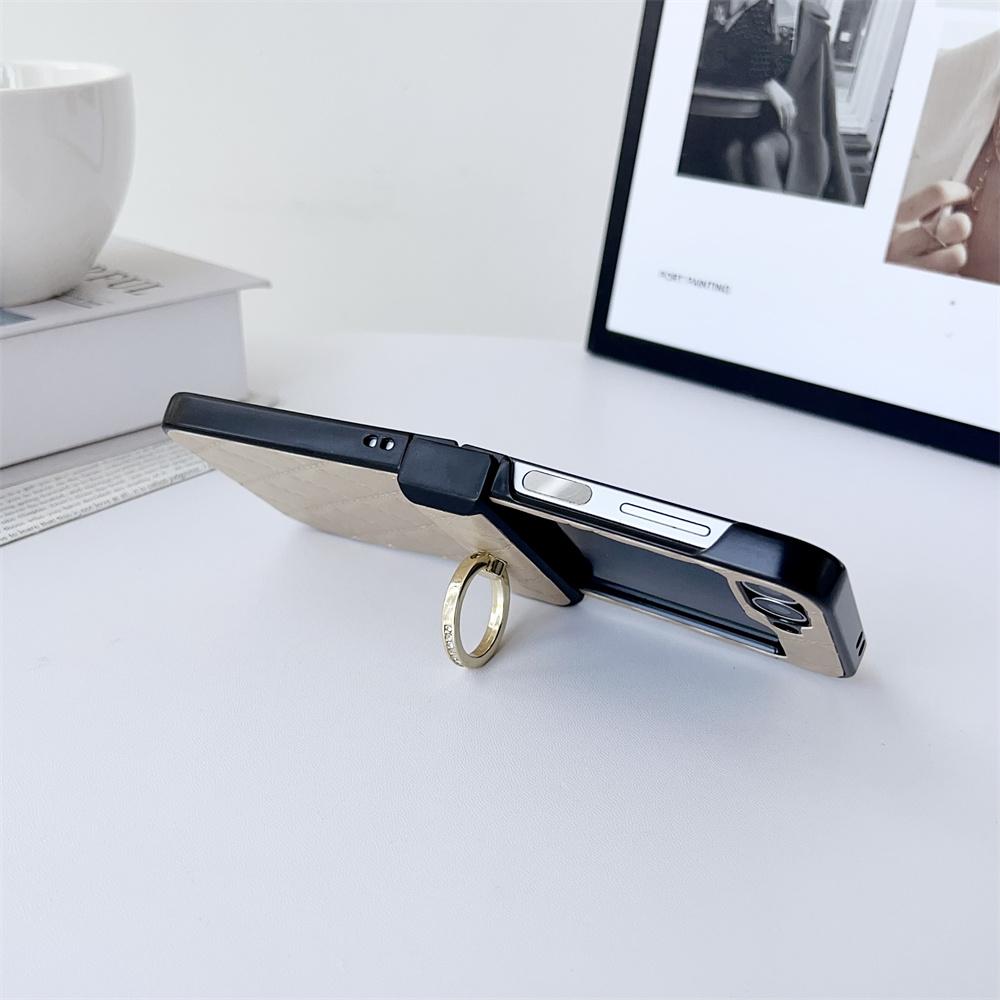 Leather Finger Ring Buckle Case for Samsung Galaxy Z Flip 7 6 5 4 3 Grid Pattern Stand Holder Shockproof for Galaxy Flip 6 Cover