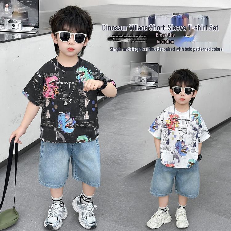 2026 Boys' Korean Style Summer Set: Colorful Dinosaur Print Tee & Denim Shorts