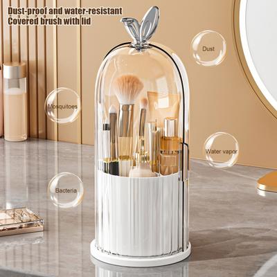 Rotating Makeup Brush Holder Dustproof Makeup Brush Organizer with Sliding Door Cosmetic Tools Beauty Brushes Holder for Vanity Table Bathroom