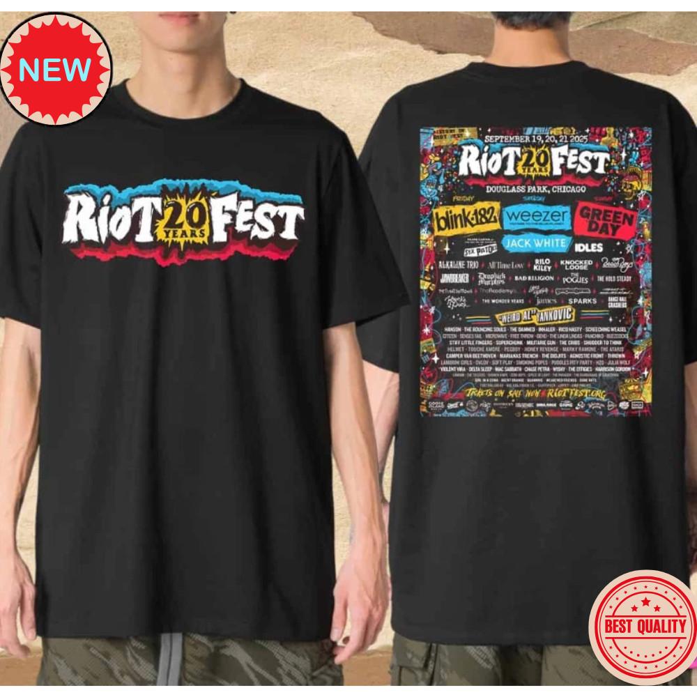 Riot 20 Years Fest Lineup At Douglass Park In Chicago September 2025 T-Shirt XL