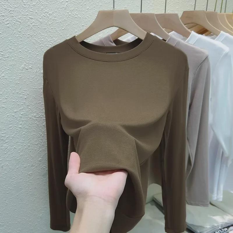 2025 Women's Stretch Cotton Long Sleeve T-shirt, Solid Color, Round Neck, Korean Style Top