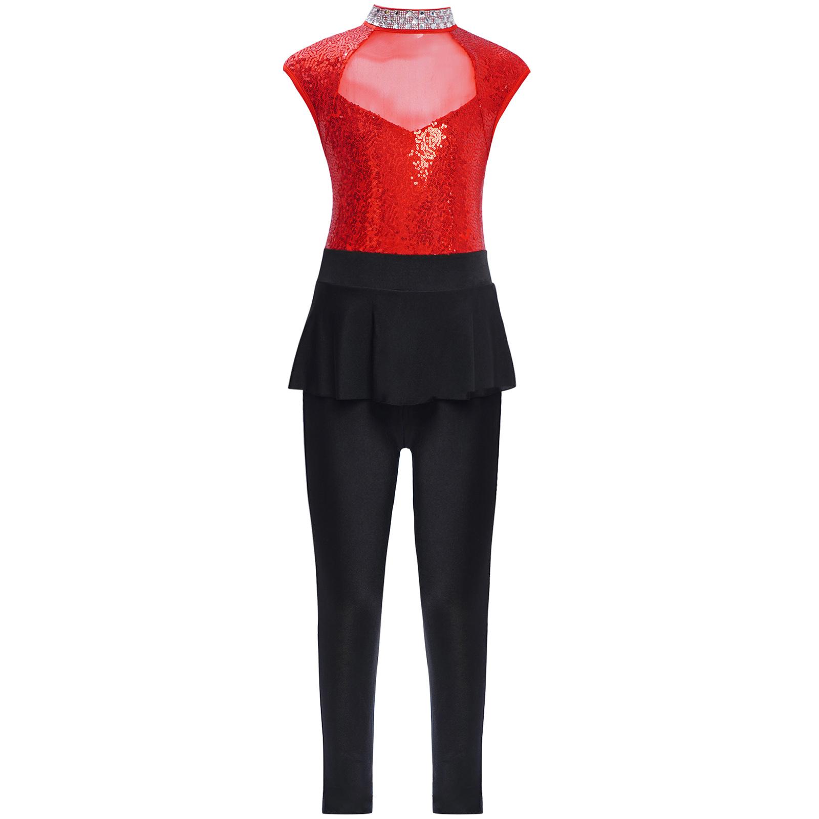 

Детский танцевальный костюм со сверкающими пайетками и сетчатыми вставками, без рукавов, стиль пеплум для джазовых конкурсов 5-6 Years красный