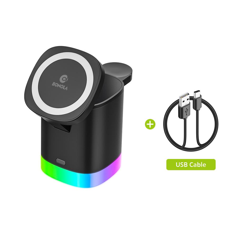 

Магнитное беспроводное зарядное устройство 4 в 1 с RGB-подсветкой для Iphone 12/13/14 Pro/airpods Pro/iwatch со встроенной беспроводной зарядкой as picture чёрный