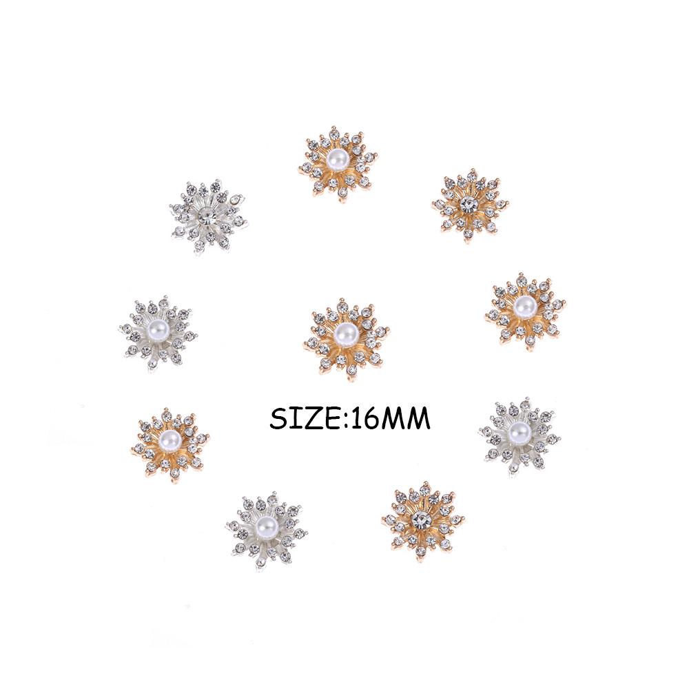 10PCS 16mm Rhinestone Pearl Snowflake Cabochon Metal Buttons for Clothing Decor Flatback Plating Buckle DIY Craft Apparel Sewing