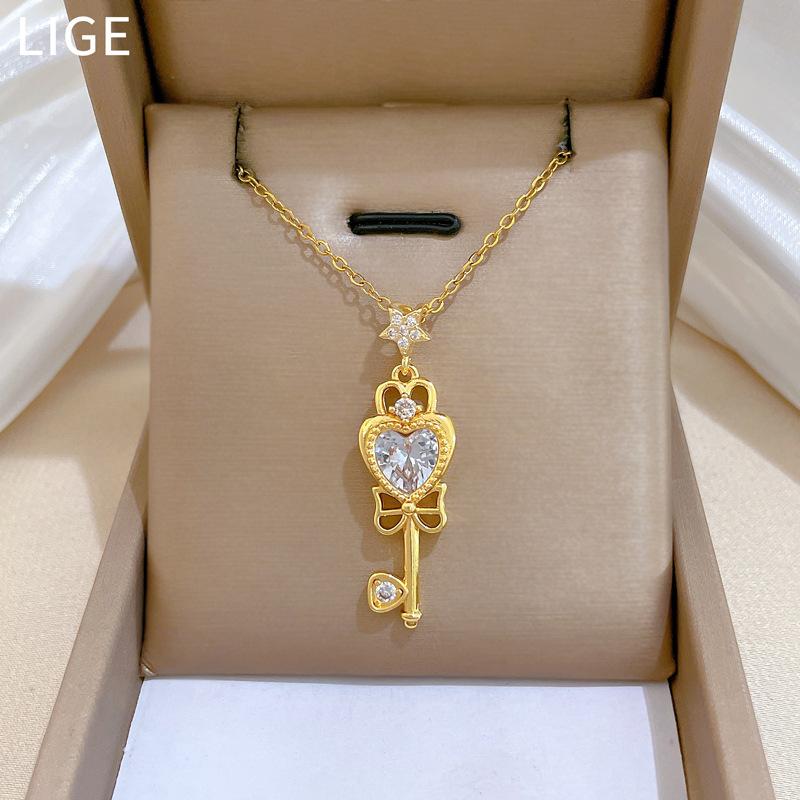 Bow Key Light Luxury Temperament Gorgeous Full Diamond Necklace Women'S Versatile Collarbone Chain Titanium Steel Chain