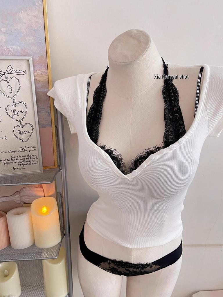 French Pure Desire Lingerie Set: Halter Lace Bra & Beautiful Back Anti-Sagging Bra