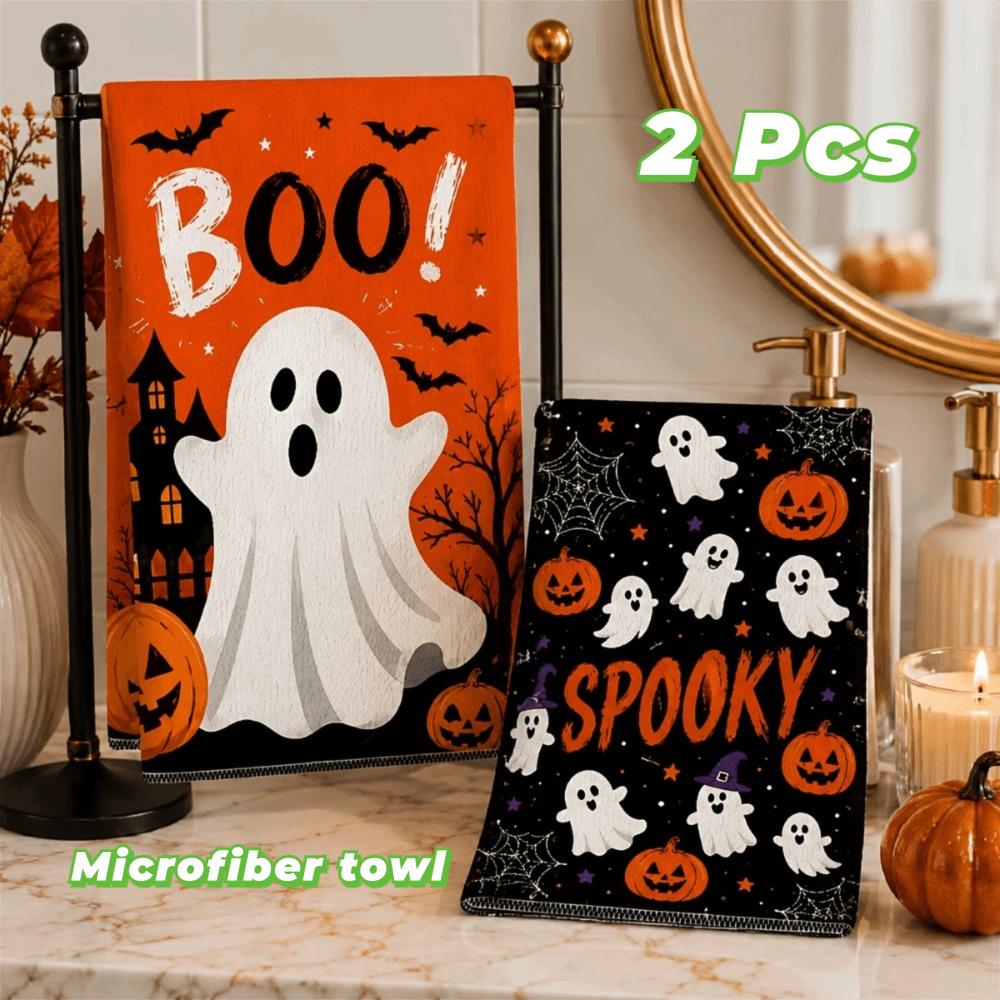 2PCS Ghost Pumpkin Pattern Halloween Kitchen Towel Quick Drying Kitchen Dishcloth Bathroom