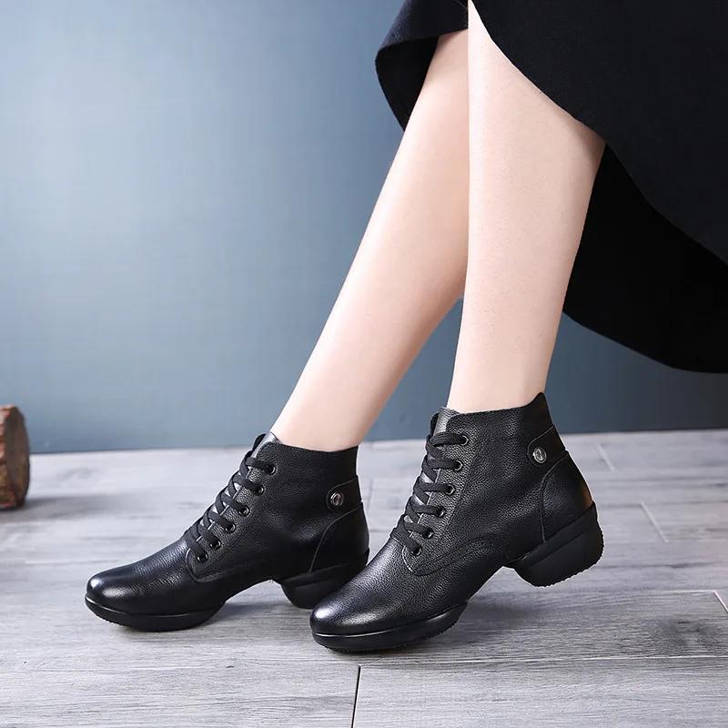  Fashion Woman Genuine Leather Boots Square Dance Shoes Increase Women Sneakers Boots Soft Sole Modern Girls Dance Shoes