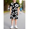 Costum Sport Kawaii cu Imprimeu Floral pentru Copii, Tricou cu Mânecă Scurtă și Pantaloni Scurți Set 2 Piese Negru, Haine Casual de Vară pentru Băieți