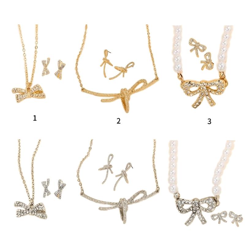 Delicate Bowknot Pendant Necklace and Earrings Combo Graceful Women's Neckchain and Ear Studs Jewelry Set Collection