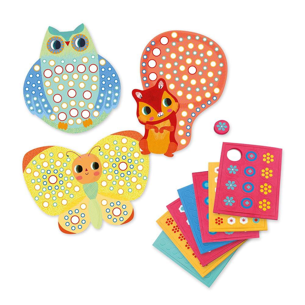 DJECO Mosaic Cute Animal Sticker Craft Mosaic Art Animal Educational Montessori Toy for Ages and Boys and Gift for Sports and Long Autumn Nights Kit,