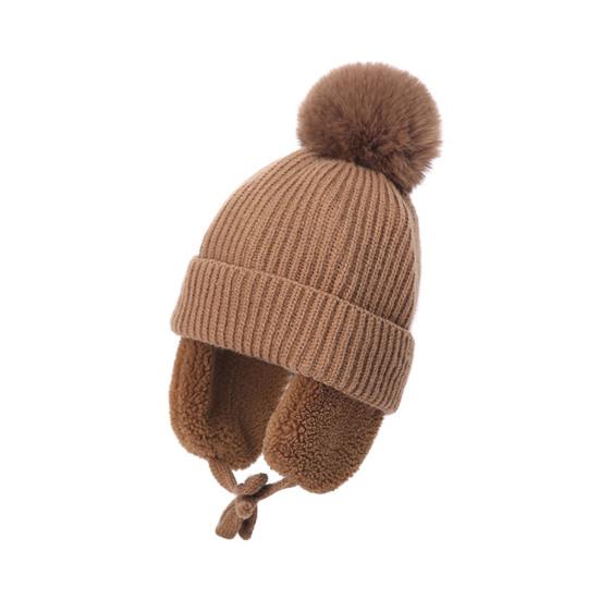 Children Hat Thickened Wool Knit Hat with Pom-Pom Ball Decor Extended Ear Flaps Design Fleece Lining Warm Winter Hat