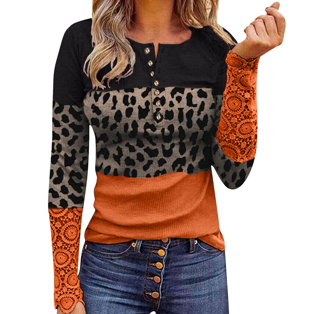 Women's Fashion Panelled Contrast Leopard Print Lace Long Sleeve Top