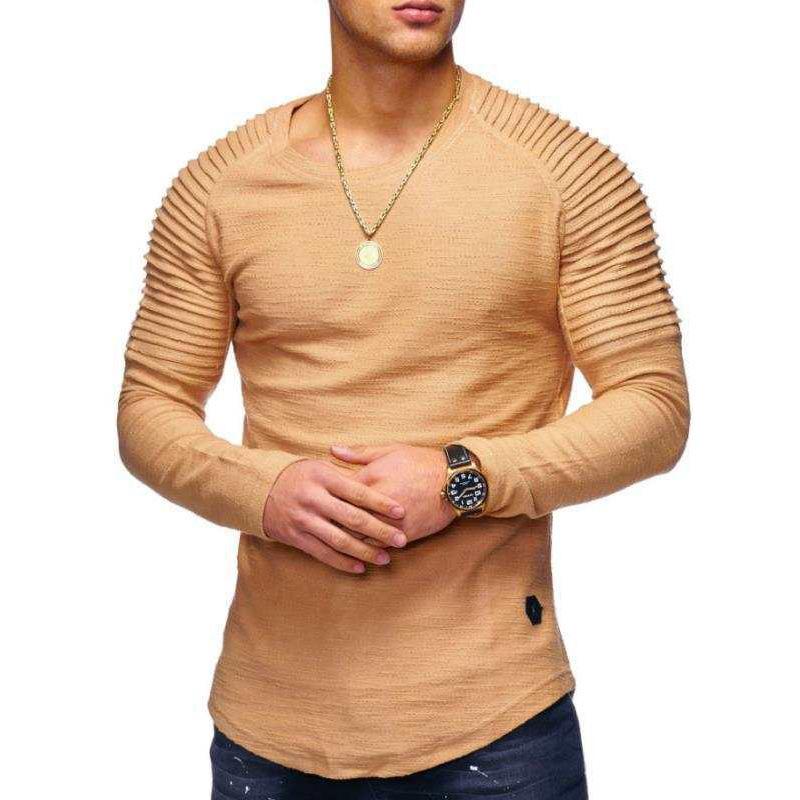 Men's Slim Fit Long Sleeve Raglan T-Shirt - Solid Color, Round Neck, Pleated Sleeves, Perfect for Spring & Autumn.