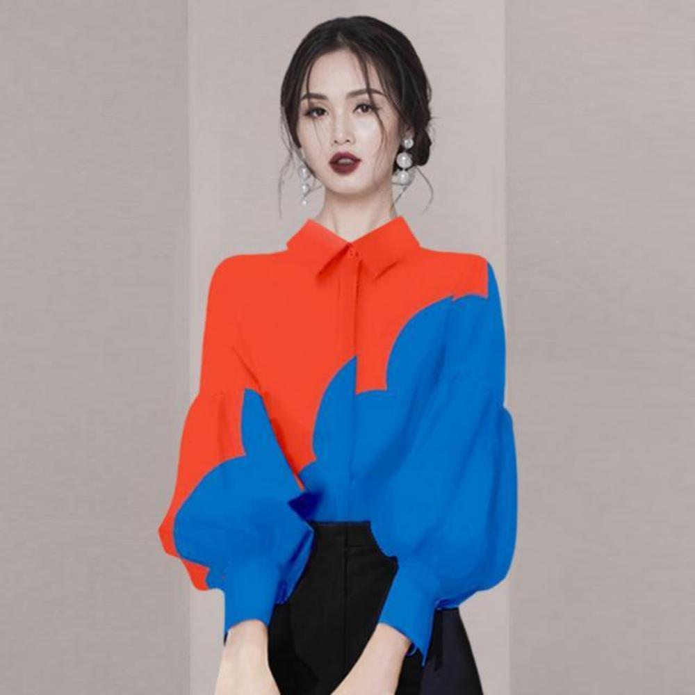 

Spring New Design French Shirt Women Design Niche Red and Blue Contrast Lantern Sleeve Blouses Shirts XXL слоновая кость