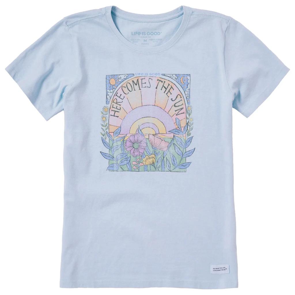 Women's Here Comes The Sun Hippie Short Sleeve Crusher Tee, Glacier Blue