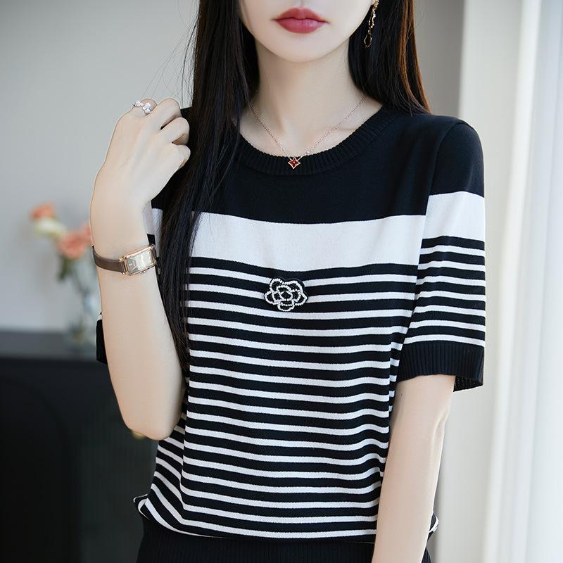 

Summer Ice Silk Knitted Short-sleeved T-shirt Round-neck Camellia Top Loose Half-sleeved Base Shirt XXL чёрный