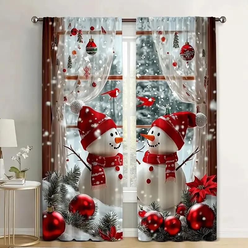 

JIT 2pcs Festive Snowman Printed Curtain Privacy Protection Polyester Christmas Window Decor Home Decor Rod Pocket Curtain 100*130 Grommet Top 1pcs