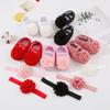 Baby Girls Mesh Floral & Plaid Bow Crib Shoes + Matching Crochet Headband Set, Soft Anti-Slip Sole Princess Shoes for 0-12 Months