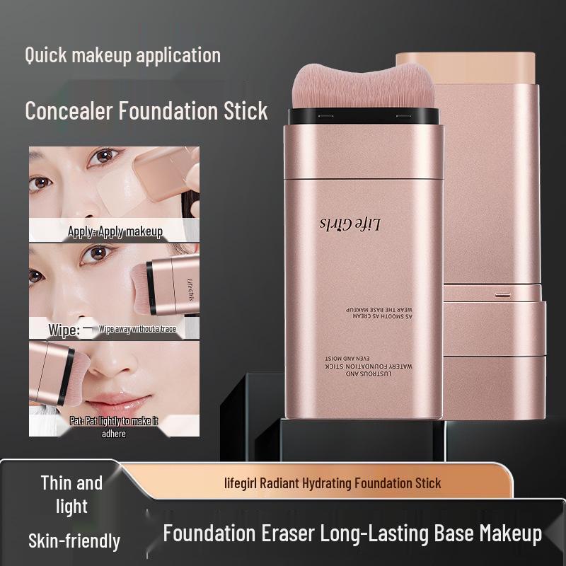 Korean Style Bright Glow Foundation Stick with Double-Ended Brush for Natural, Luminous Skin