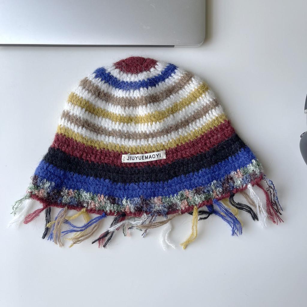 Handmade Retro Crochet Tassel Striped Wool Hat In Japanese Style красный
