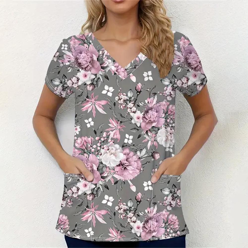 Scrubs Medical Uniforms Woman Fashion Floral Print Dental Nurse Tops V-Neck Short Sleeve Patch Pocket Tees Nurse Uniform Woman