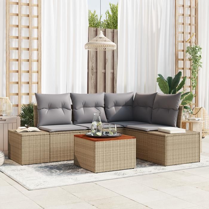 VidaXL Ensemble de canapé de jardin 5 pièces avec coussins en poly rotin et acacia beige 3347952