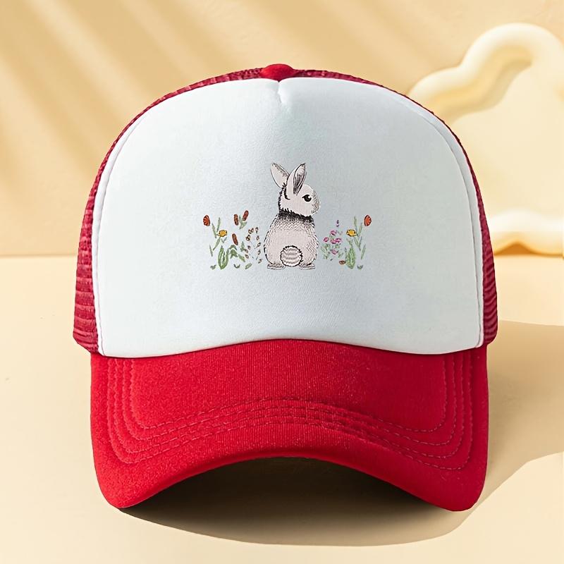 Rabbit Floral Print Trucker Hat Unisex Casual Baseball Cap Breathable Mesh Back Summer Outdoor Cap One Size
