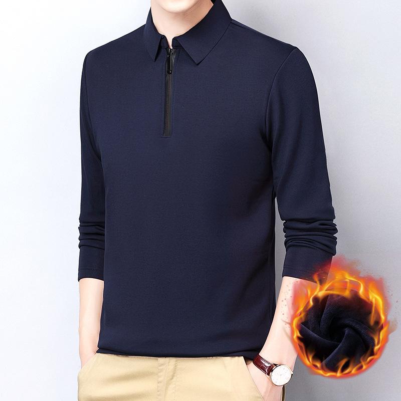 Men's Autumn and Winter Fleece Thickened Stand-up Collar Zipper Long-sleeved Shirt with Long-sleeved Shirt Warm Business T-shirt