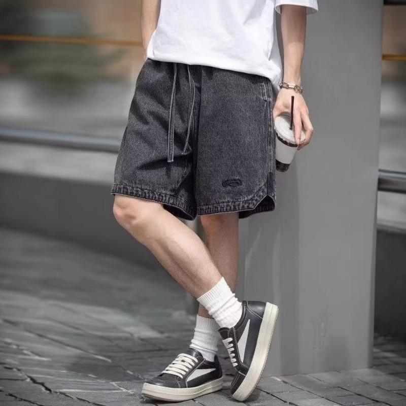 American Vintage Washed Denim Embroidered Loose Five Point Shorts For Men