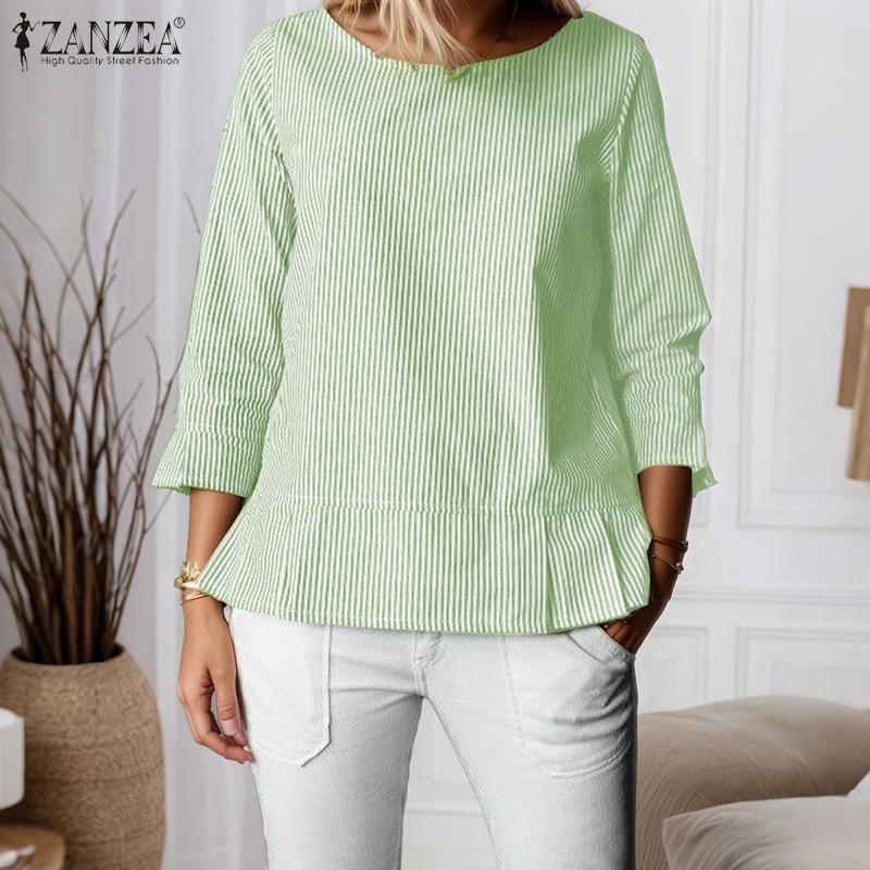 ZANZEA Damen Lässig Rundhals Locker 3/4 Ärmel Streifen Bluse