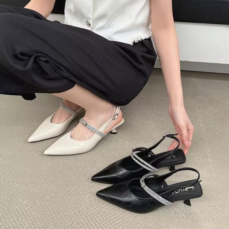 Fashion New Summer Women's Luxury Slingback Low-heel Sandals Silvery Pointed Woman Mules Fashion Rear Trip Strap Flat Bottom Beach Shoes