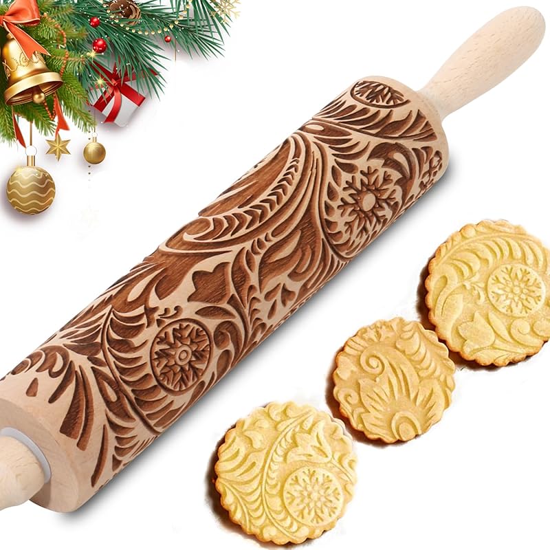 Christmas Embossed Rolling Pin for Baking Cookies Embossing Rolling Pins with Design Wooden Engraved Springerle Roller Pin Dough Patterned Clay