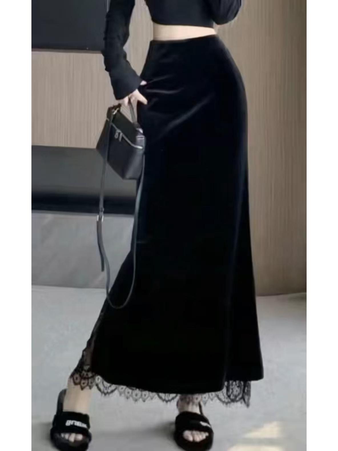 Elegant Black High-Waisted Velvet Lace Midi Skirt with Slit for Women 3XL