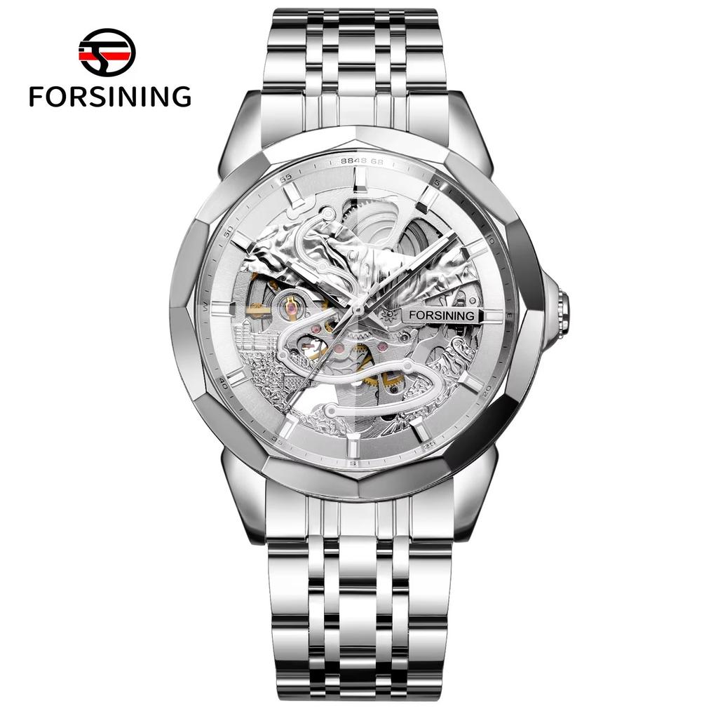 FORSINING Original Gold Skeleton Mechanical Man Watch Automatic Movement Clock Luxury Stainless Steel Men's Watches